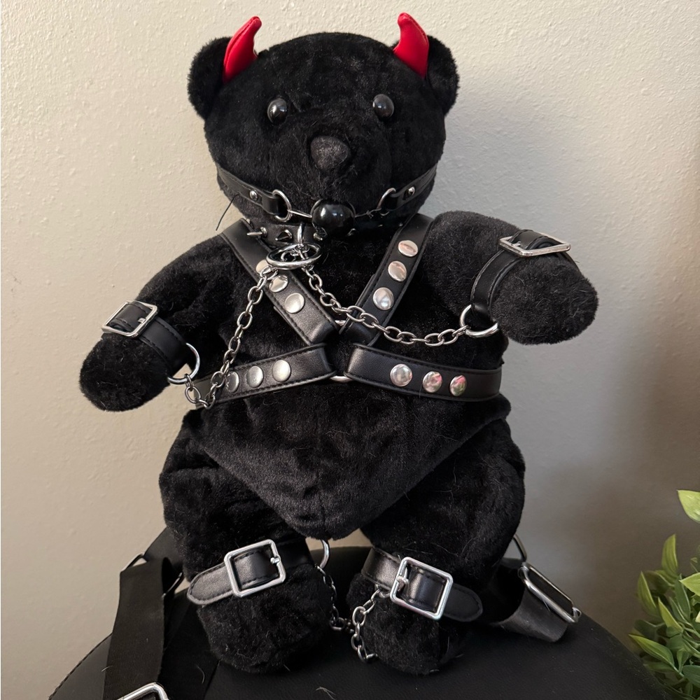 Black Plush Bear with Red Horns and Chains
